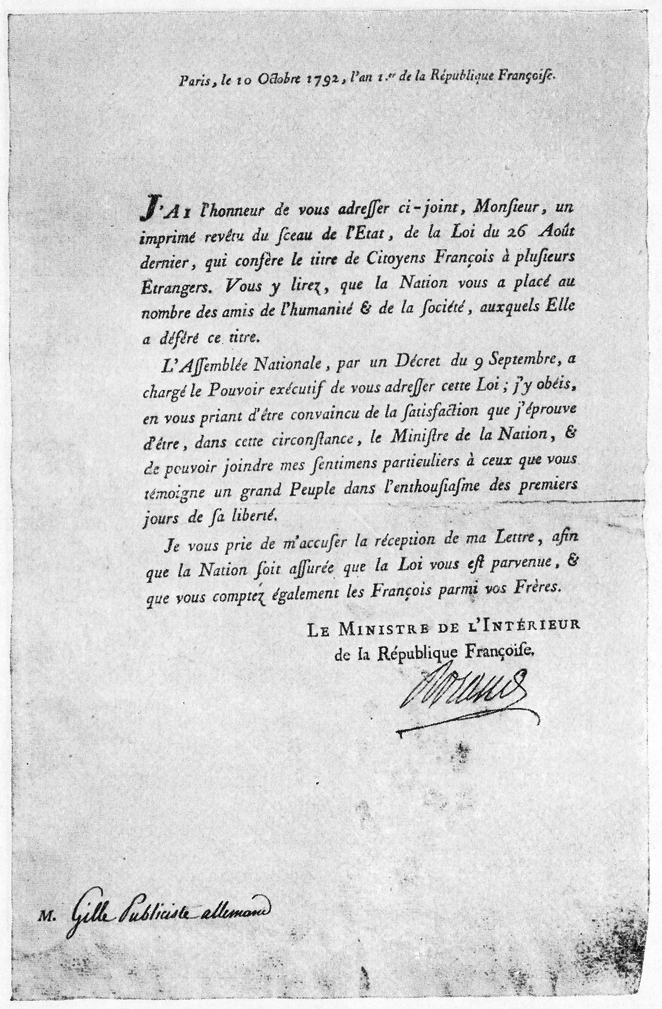 Friedrich Schiller &eacute;s nomenat ciutad&agrave; de la Rep&uacute;blica Francesa