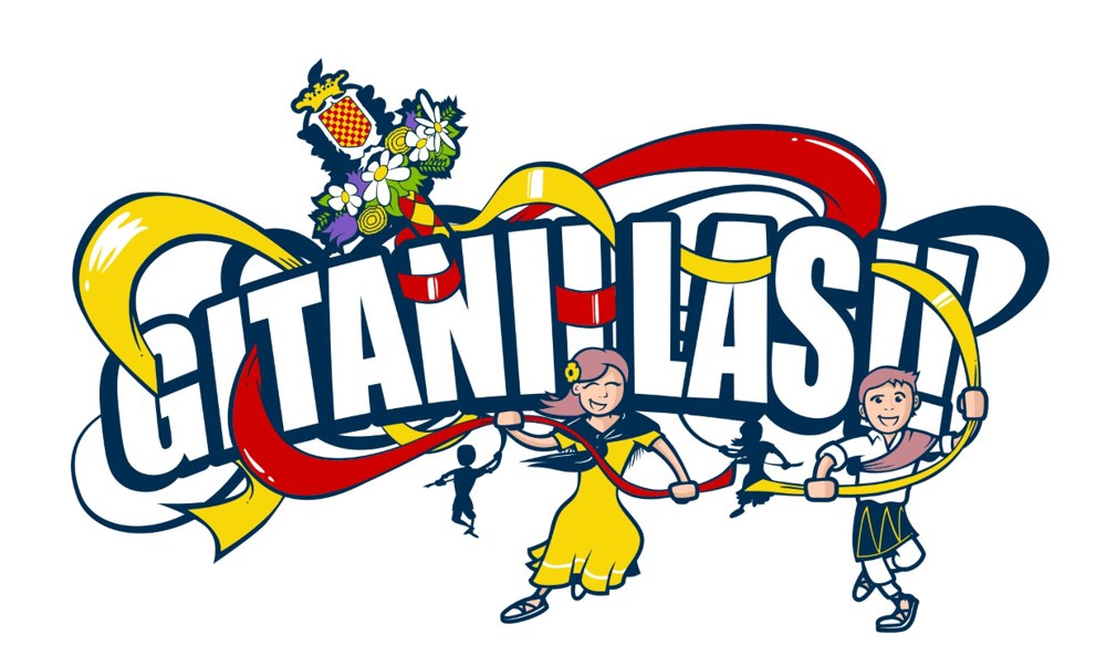 Logotip del 35è aniversari: «Gitani-las!!» amb el pal, les cintes vermelles i grogues i una gitana i un gitano ballant