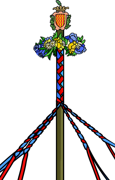El pal del Ball de Gitanes amb l'escut, la corona de flors i les cintes trenades