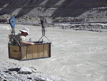 Creuant el riu Zanskar amb tirolina