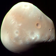 Deimos in colour taken in 2009 by Mars Reconnaisance Orbiter