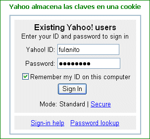 Mantenimiento de claves de acceso en Yahoo mediante cookies